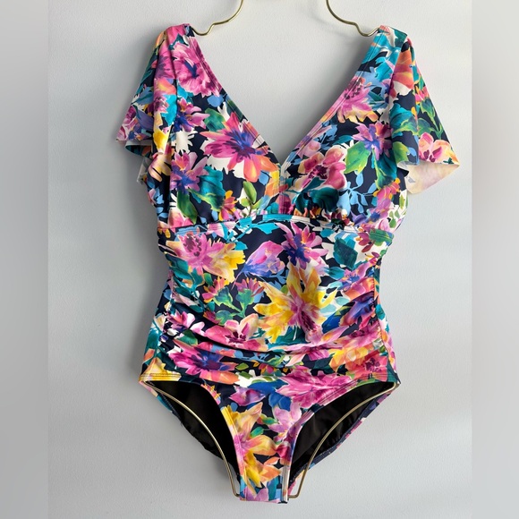 Swim Solutions Women's Garden Dreams Flutter-Sleeve One-Piece Swimsuit Size 12